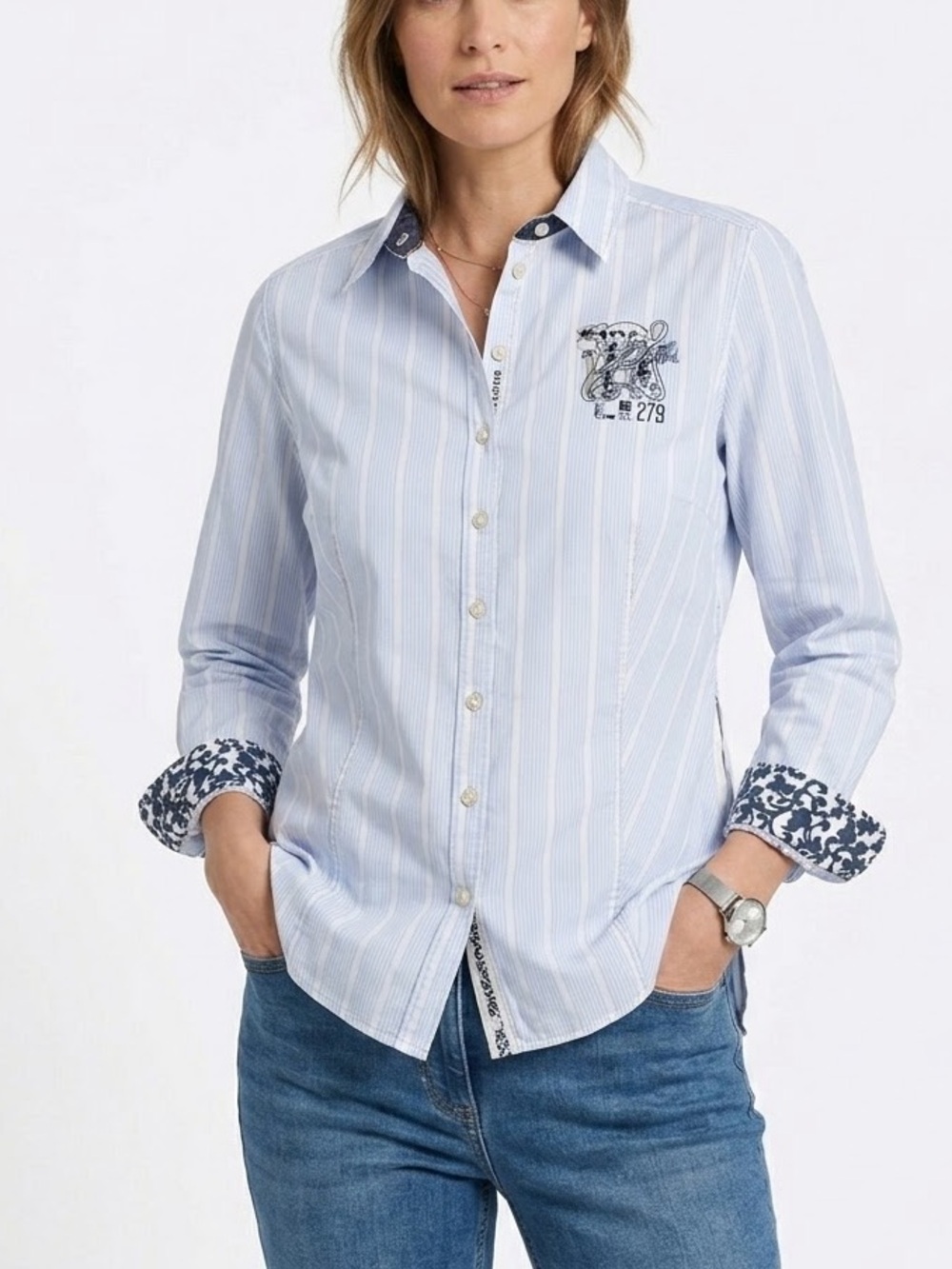 Taifun Blue & White Striped Embroidered Button Down Shirt Size 16 US